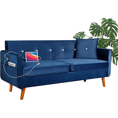 TYBOATLE 65" W Mid-Century Modern Velvet Sofa Couch w/ 2 USB Charging Ports, Clear Glass Diamonds Button Tufted Upholstered Fabric Love Seats for Living Room, Apartment, Bedroom, Dorm (Blue)