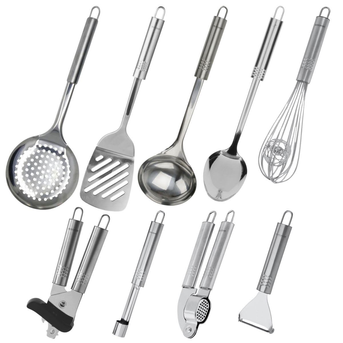 Fackelmann 9990950 Ensemble de 9 ustensiles de Cuisine en INOX, Vide-​Pommes, éplucheur, Presse-​ail, ouvre-​boîtes, pelles et cuillères, écumoires, louche, Acier Inoxydable, Gris, de 19,​5 à 36 cm