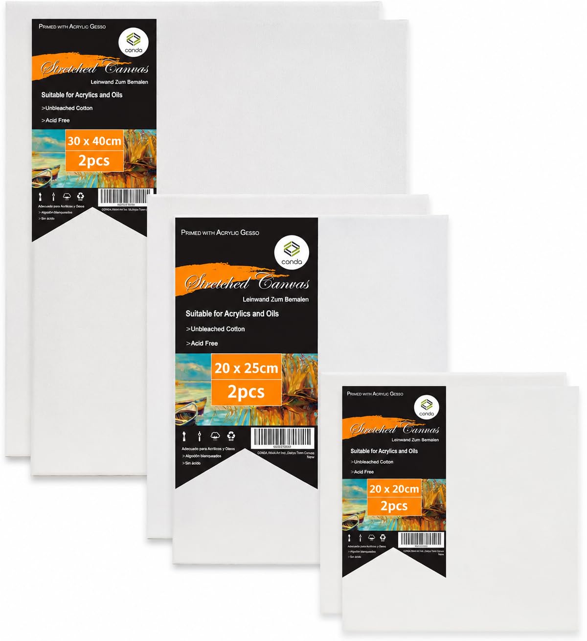 CONDA Artist Canvas Panels, Multipack, 6 Pieces, 20 x 20 cm, 20 x 25 cm, 30 x 40 cm