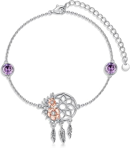 Pulsera atrapasueños chapada en oro blanco y amarillo de 18 quilates, piedra lunar S925, piedra natal, rosa, flor atrapasueños, joyería de regalo de