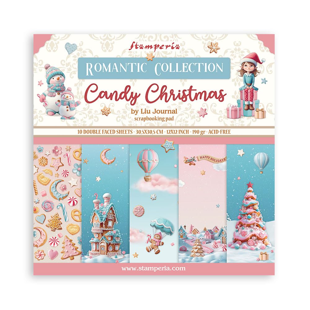 Stamperia - Scrapbook Paper Pad for Scrapbooking, Albums, Card Making, Bullet Journalling and More, Acid Free, Double-Sided, Perfect for Hobbies, Crafts, and Gifting (Candy Christmas) (30.5 x 30.5 cm)