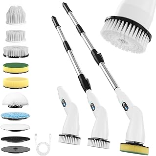 Electric Spin Scrubber - Household Cleaning Brush with 8 Heads, 5.2in Extendable Pole Bathroom Scrubber for Stubborn Grease on Grill, Stovetop & Bathtub, 90Min Runtime - Type B