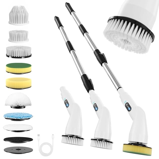 Electric Spin Scrubber - Household Cleaning Brush with 8 Heads 51 2in Extendable Pole Bathroom Scrubber for Stubborn