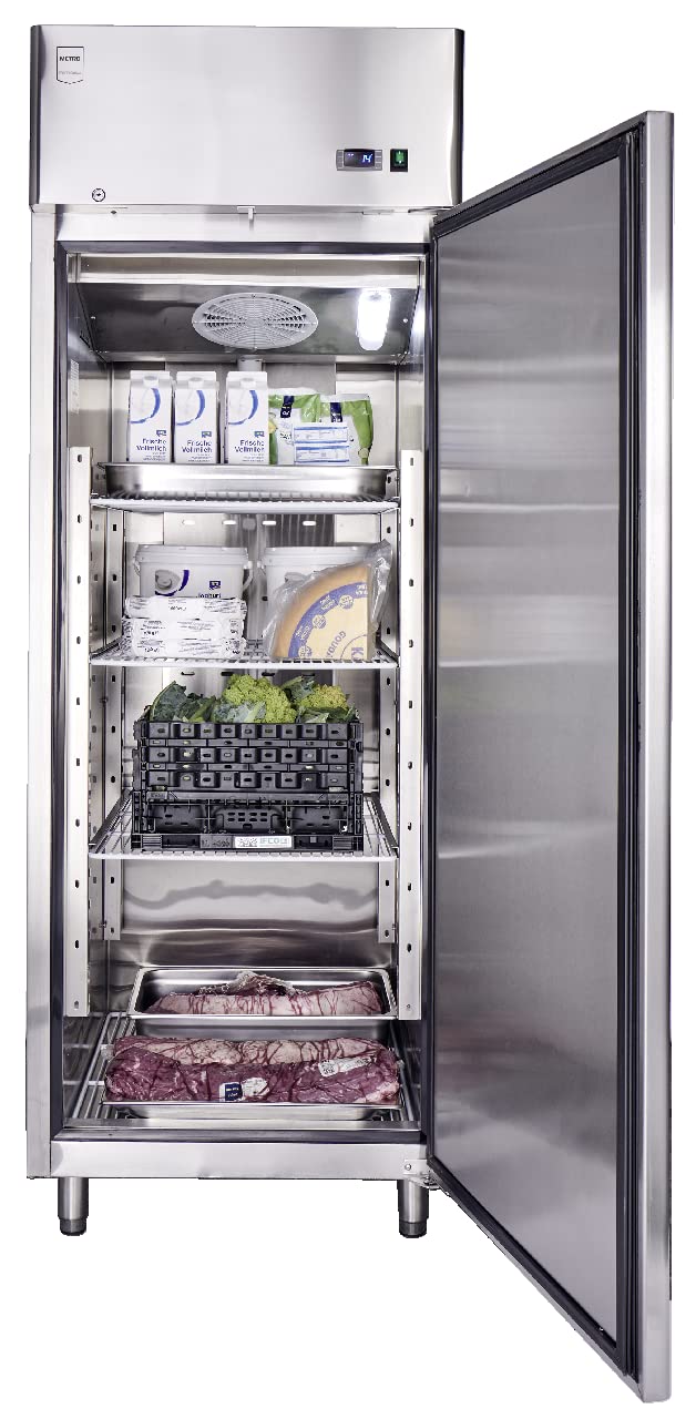 METRO Professional Frigorifero GRE2700, acciaio inox, 3 ripiani regolabili, sbrinamento automatico, refrigerazione ventilata, 455 l, 220 W, con serratura, argento