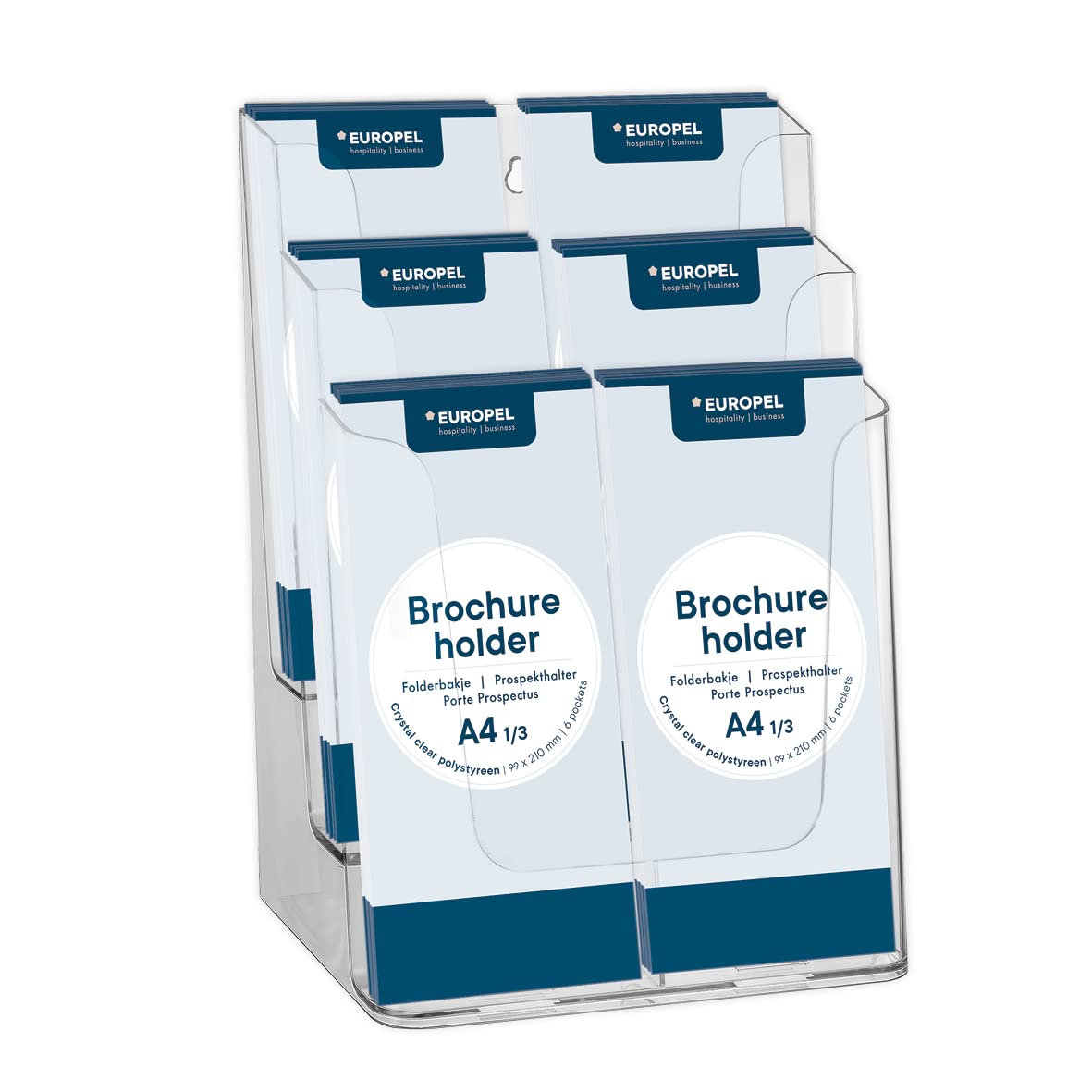 Europel 6-Tier Leaflet & Brochure Holder | For 1/3 A4 Size Literature | Clear Acrylic Construction | Booklet, Flyer Menu Display Dispenser Office, Restaurants Reception | Portrait |, 350106