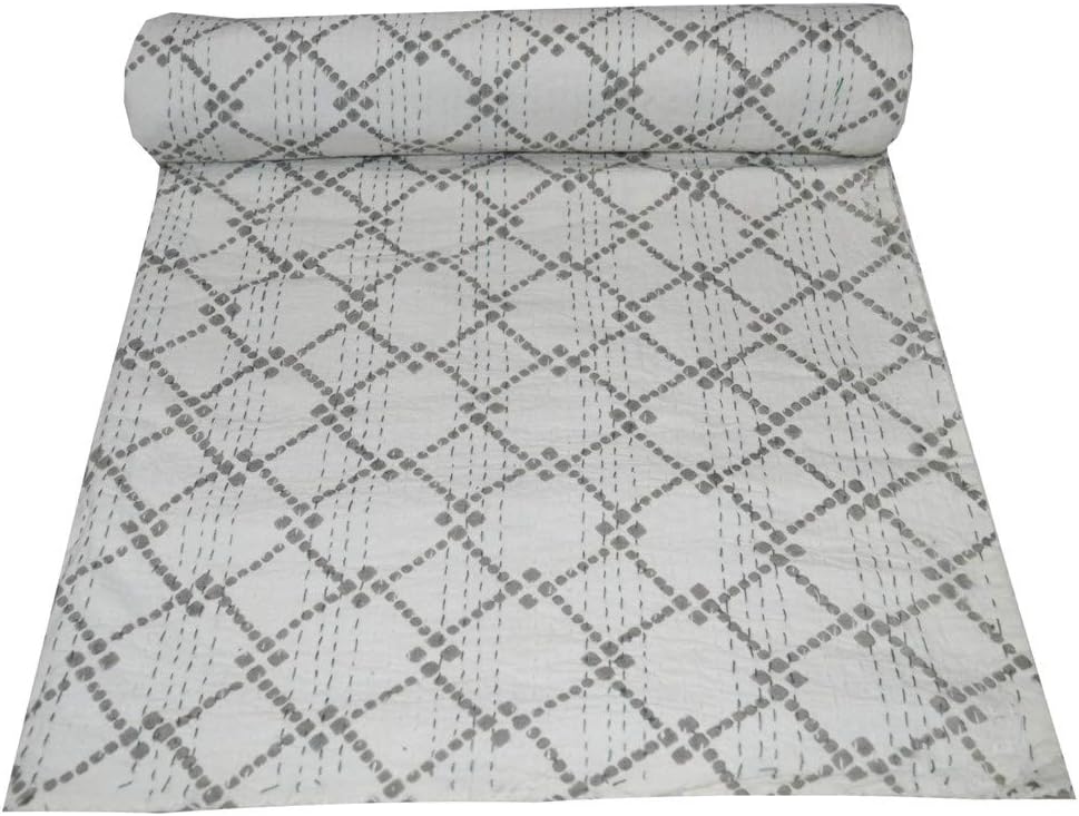 YUVANCRAFTS Indian Handmade Cotton Kantha Quilt Traditional Polka Dot Print Twin Quilt Blanket Bedspreads Throw (Pink)