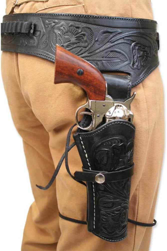 1911 Western Gun Holster Belt .38/.45 Colt Revolver Holster Right Hand Black Color Tooled Leather Gun Belt Cowboy SAAS Rig Sizes 36"-52"