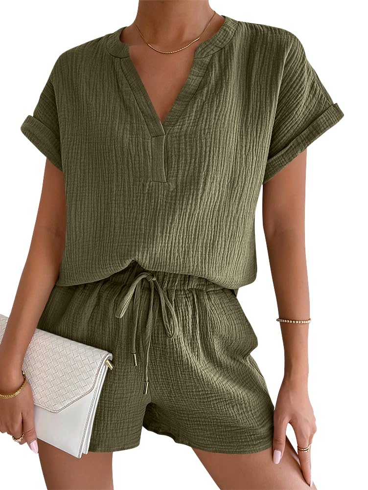 Onsoyours 2 Pièces Ensemble Survêtement Femmes Été Décontractée Couleur Unie Sweatshirt Manche Courte Shorts avec Cordon Poche Lâche Lin Col en V Sportswear Suit pour Vacance Travail Plage