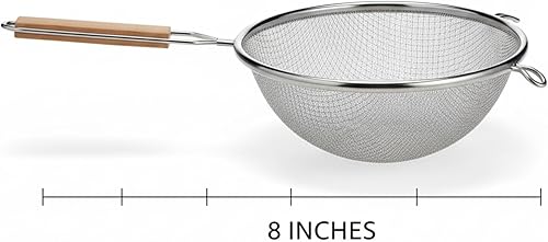 Miniatura 5 de Colador de 8 pulgadas de diámetro mediano de acero inoxidable de malla fina de malla simple con mango de color marrón plateado tamiz de cocina