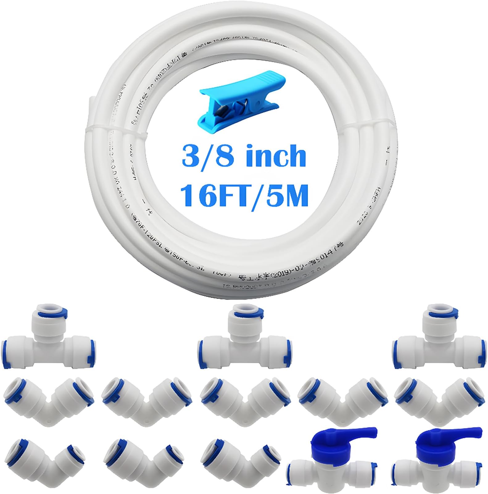 – Pushfit Straight Connector for Water Pipe (T+L Type Combo + Shut-Off Valve), L Type Connector 1/4” to 3/8” Fittings, 5 Metres of 3/8” Water Supply Pipe