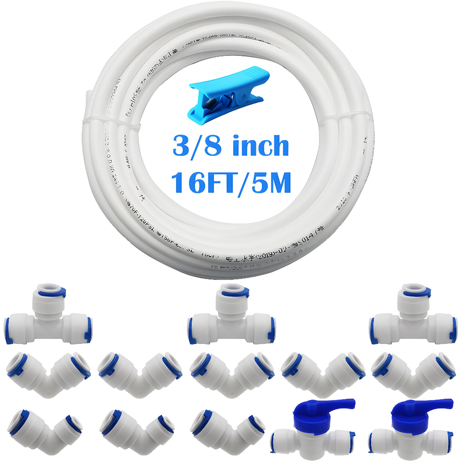 CESFONJER Pushfit Straight Connector for Water Pipe (T+L Type Combo + Shut-Off Valve), L Type Connector 1/4” to 3/8” Fittings, 5 Metres of 3/8” Water Supply Pipe