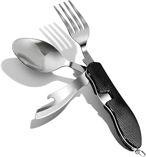 Cubiertos de camping plegables, acero inoxidable, cubiertos para camping, 4 en 1, abridor de botellas, cuchillo, tenedor, cuchara, juego de color negro