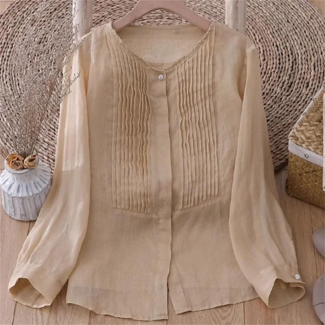 Camicia da donna in stile cinese in cotone e lino camicette vintage sciolto tinta unita abbigliamento maniche lunghe top