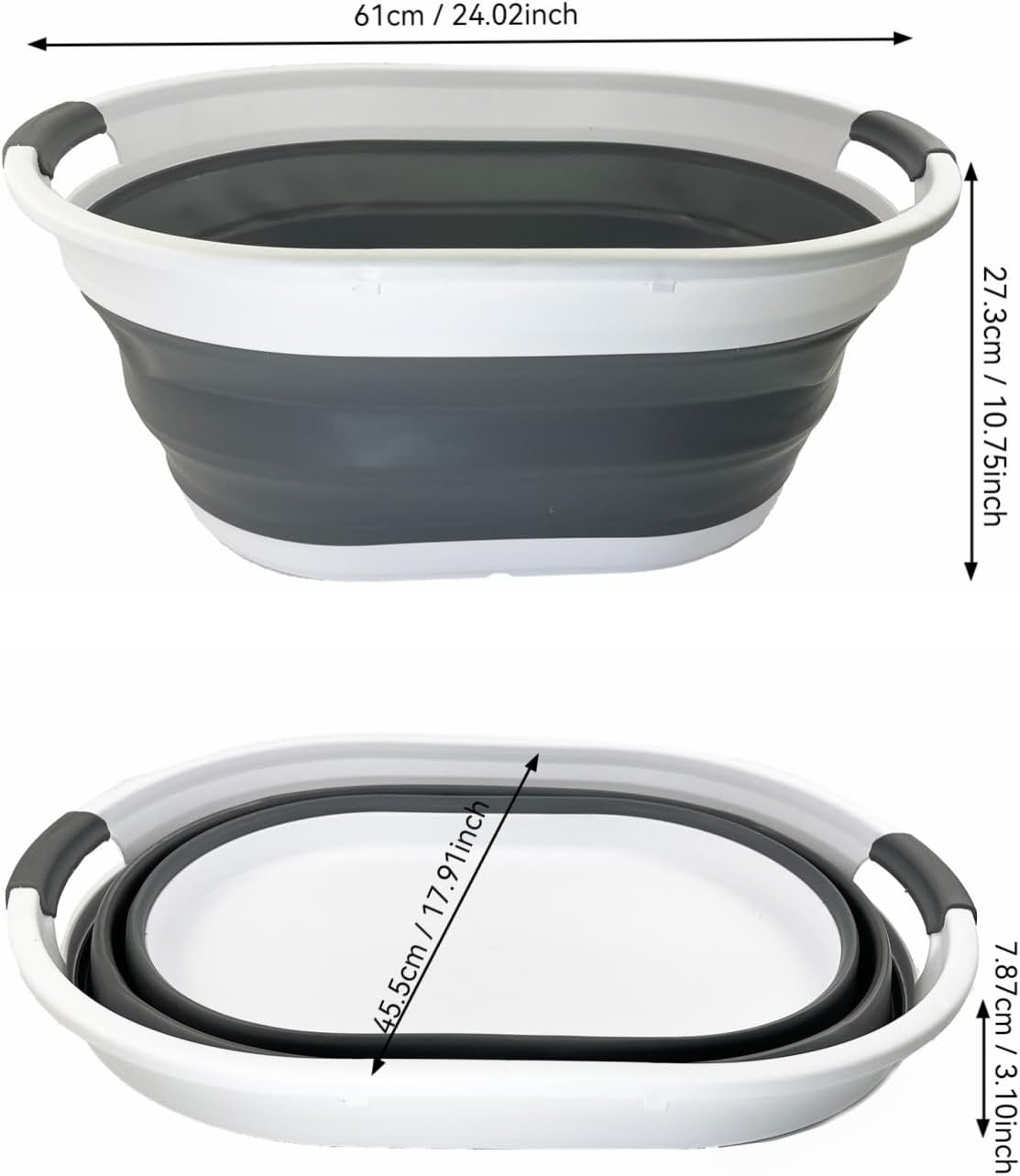 SAMMART 39L (10.3 gallons) Collapsible Plastic Laundry Basket - Foldable Washing Tub - Easy Storage & Pop Up Saving (White/Steel Grey)