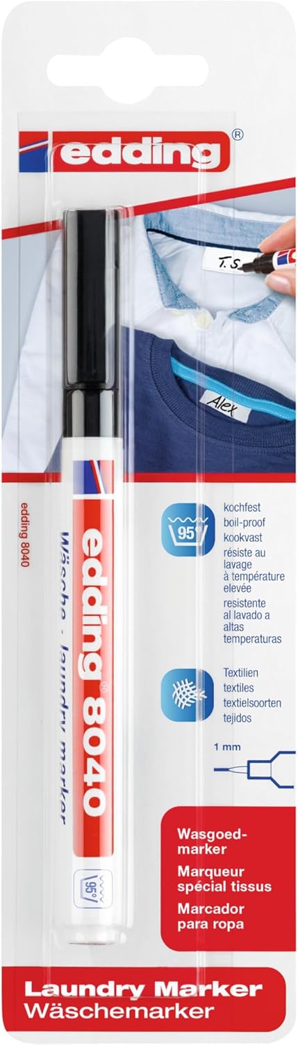 edding 8040 wasgoedmarker - zwart - 1 stift - ronde punt 1 mm - textielstift wasmachinebestendig (95 °C) voor het markeren van kleding - textielmarker
