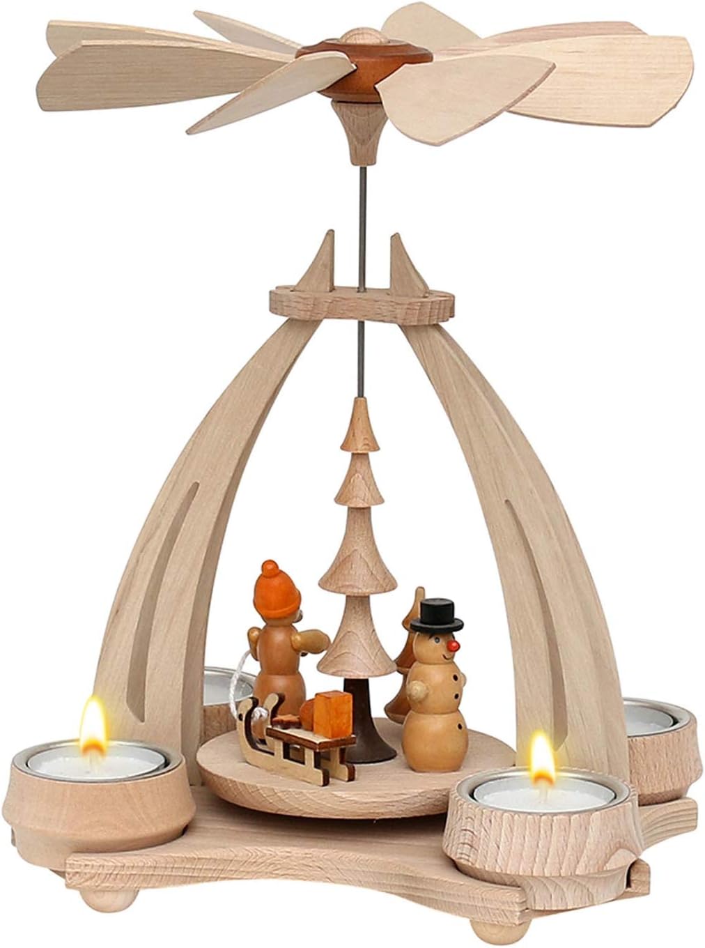 Sigro Erzgebirges Wooden Table Pyramid with SM and WM Children Figure for 4 Tealights, 24 x 18 x 14 cm, Wood, Beige, One Size
