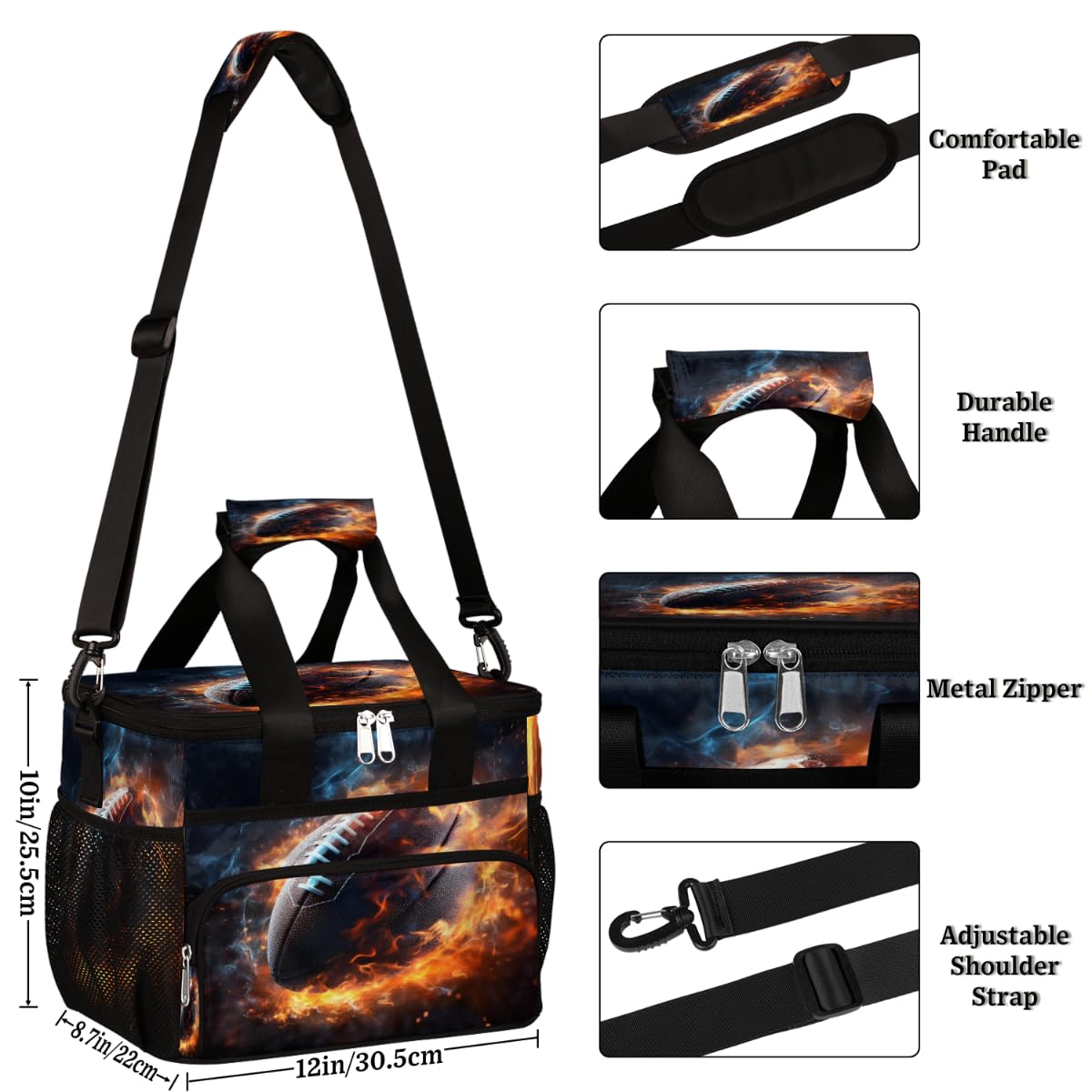 Insulated Picnic Backpack Lunch Box for Women Men Picnic Basket Tote Lunch Bag Picnic Bag Portable Lunch Bags for Picnic, Beach, Work, Trip,Office, Camp Fire American Football