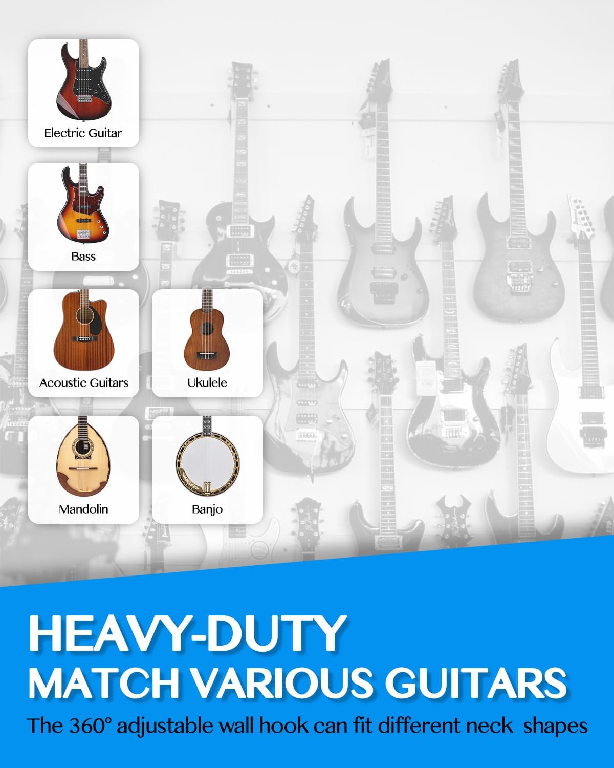 STRICH Guitar Wall Mount Hangers 2-Pack, 12" Multi-Angle Adjustable Metal Hooks for Instrument Display (Only 2 Hooks)