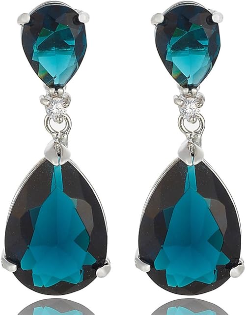 [RIZILIA CELEBOX] Teardrop Dangle Pierced Earrings with Pear Cut Gemstones CZ [9 Colours available] in 18K White Gold Plated, Celebrity inspired by Angelina Jolie