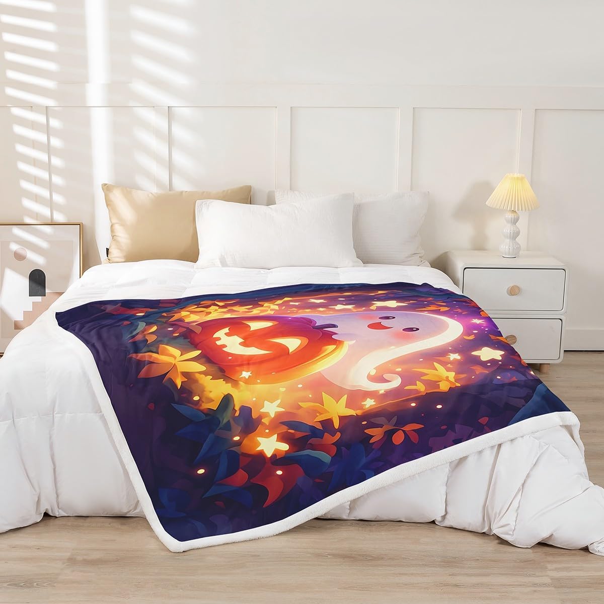 Feelyou Happy Halloween Sherpa Blanket Boys Girls Twin 60"x80" Pumpkin Fleece Throw Blanket for Bed Sofa Couch Kids Ultra Soft Horror Theme Plush Blanket Skull Ghost Fuzzy Blanket Cute Star Print
