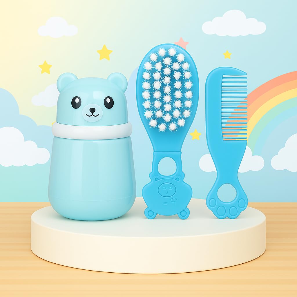 The Cheeky Kidzz Baby Skin Care Powder Talcum Puff Case Cum Container Box With Hair Care Soft Bristles Comb And Rounded Tip Hair Brush BPA Free (PATTERN 118)-image-29