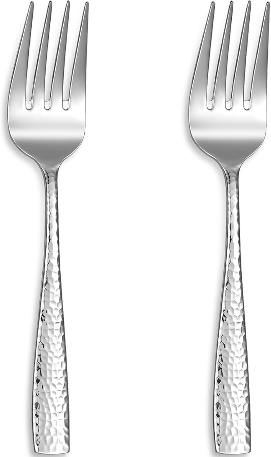 KEAWELL Louis Hammered Serving Forks Set of 2, 18/10 Stainless Steel, Mirror Finish, Squared Edge, Dishwasher Safe