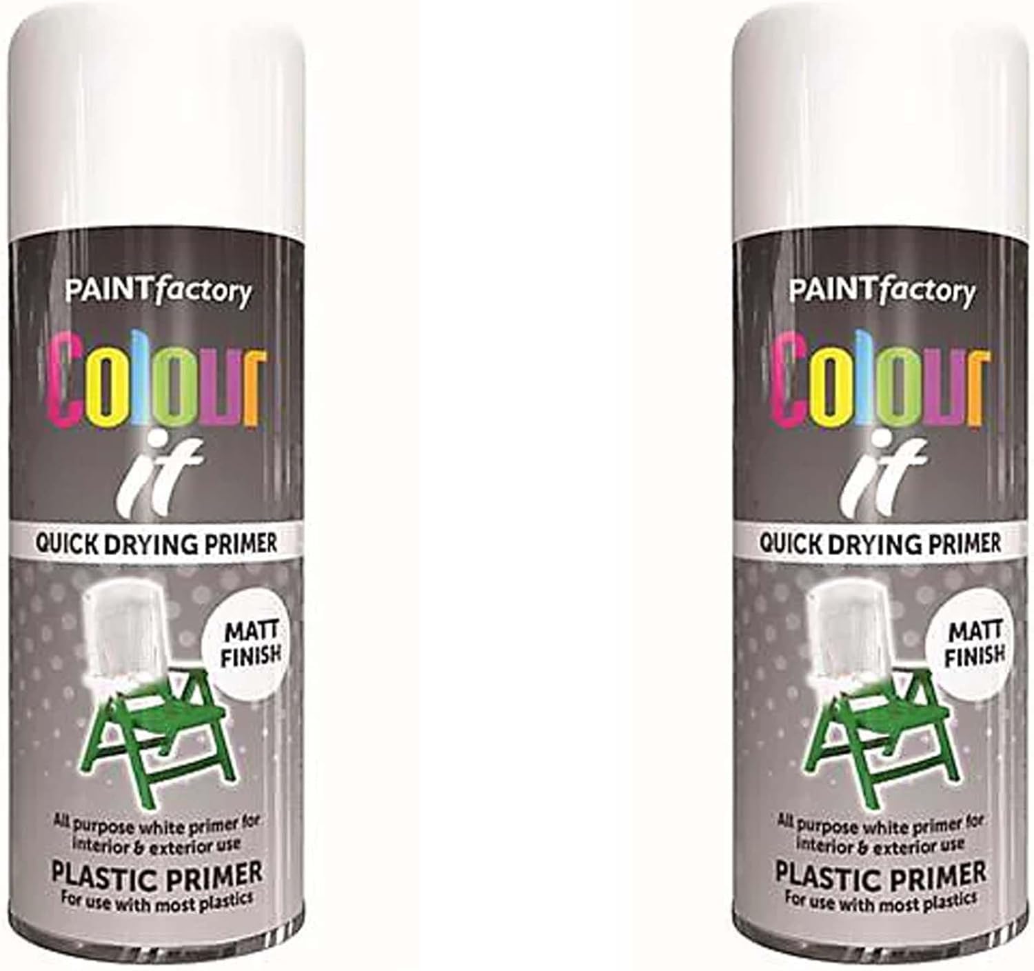 Colour It White Plastic Primer Quick Drying Paint, Multi-Surface, Matt Finish, Easy Application, Durable Rust-Resistant, Ideal for Doors, Gates, Railings, Furniture and DIY Projects, 400ml (Pack of 2)