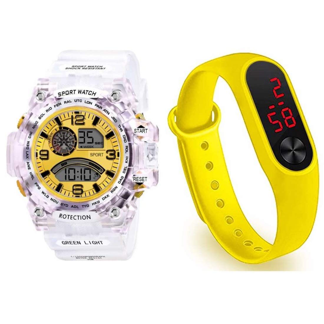 SELLORIA Dial Multi-Functional White Transparent Strap Waterproof Automatic Watch With White Color Led Band Digital Combo Watch For Boys And Girls And For (Tp Gold+Yellow M2) (B08VGQMJK3) Amazon Price History, Amazon Price Tracker