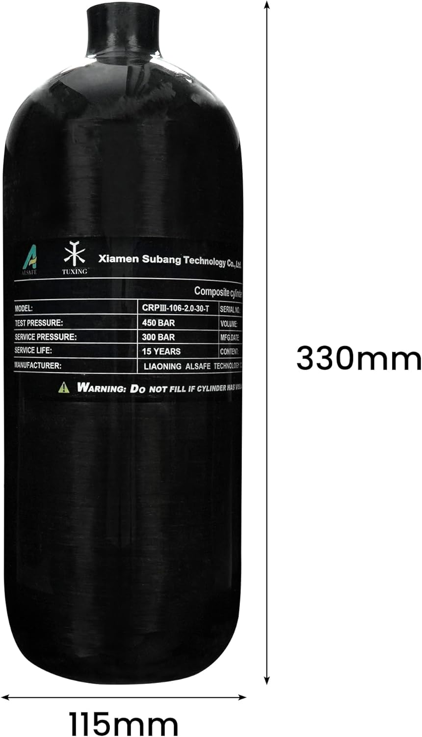 TUXING Carbon Fiber HPA Tank 2L 4500Psi High Pressure PCP Air Tank,122Cu in 2000CC Diving Tank,PCP Composite HPA Cylinder for Pcp Air Rifles Deep Diving Snorkeling