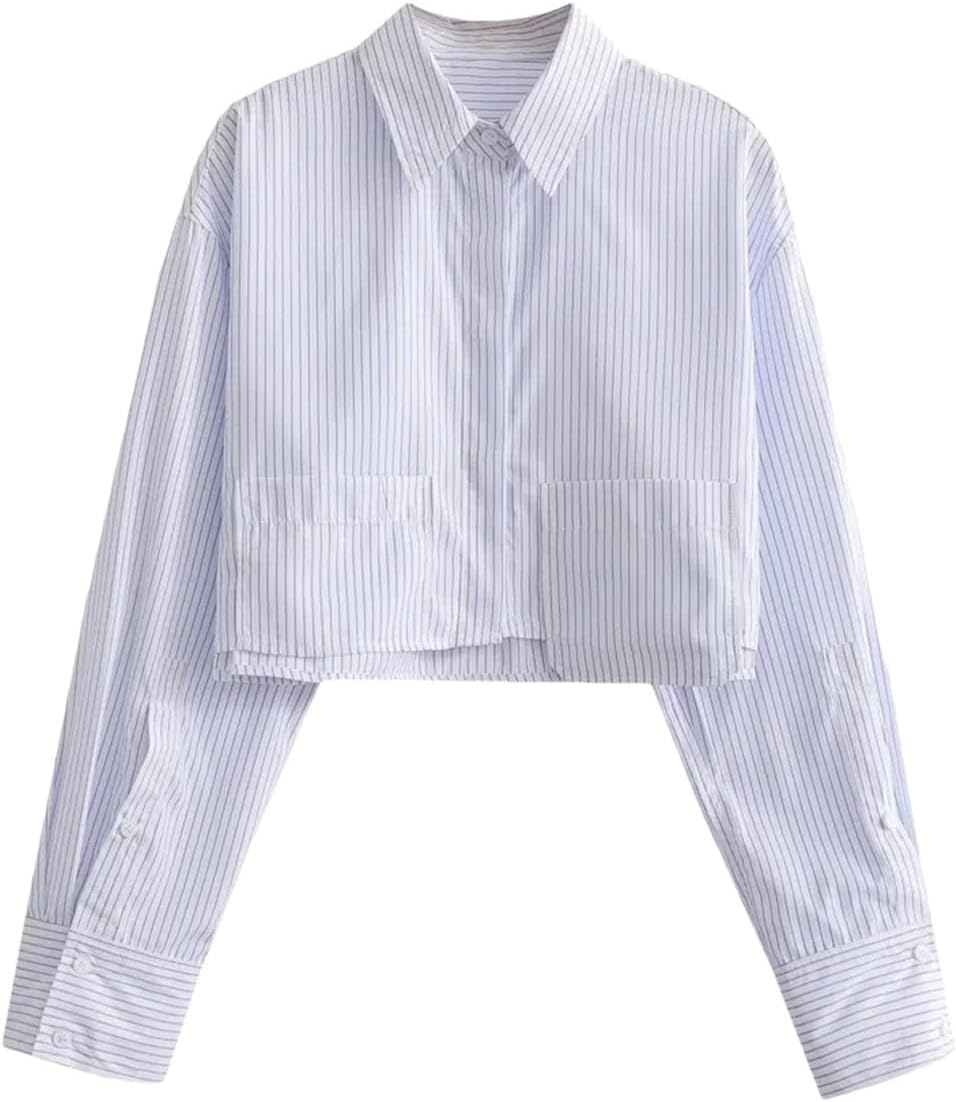 Women's Long-Sleeved Pocket-Decorated Loose-Fitting Y2k Short Shirt