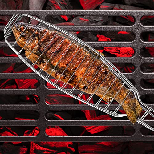Relaxdays Fischbräter 2er Set, Edelstahl, Gummigriff, 58,5 cm lang, Fischhalter zum Grillen, Grillkorb Fisch, Silber