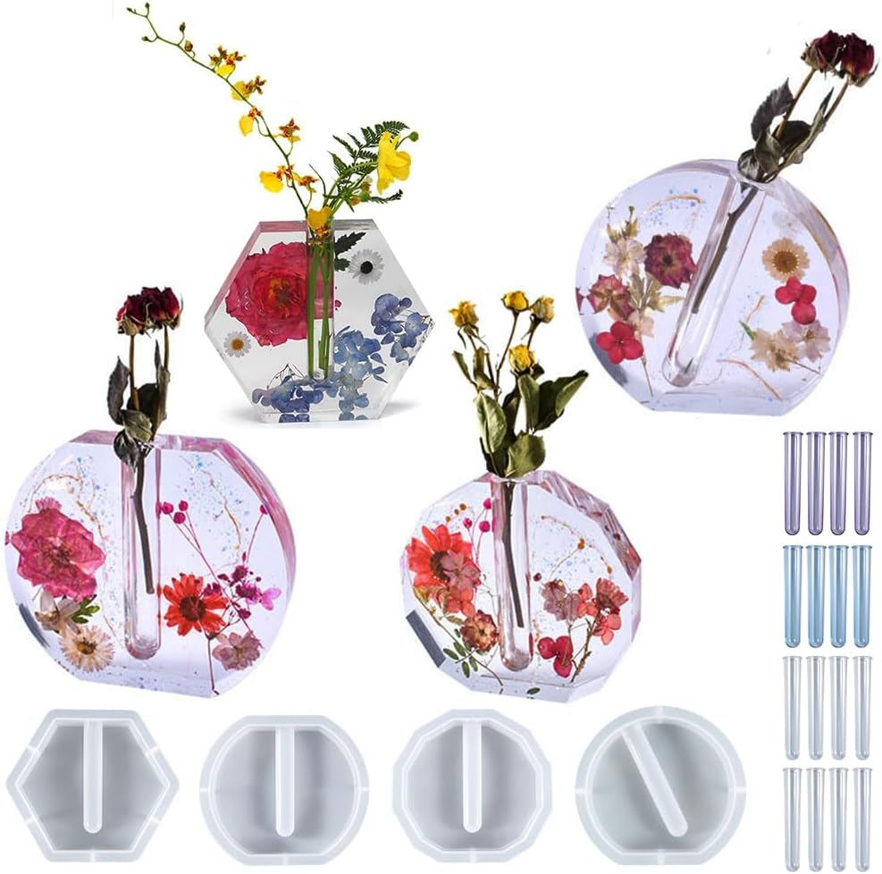 Flower Vase Resin Molds Silicone,4 Vase Molds + 16pcs Clear Flower Arrangement Tubes,for Inserting Fresh Flowers and Cultivating Plants,DIY Silicone molds for epoxy Resin vases,Vases Home Decor