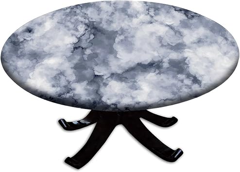 Round Elastic Edge Fitted Table Cover, Mist Blue Cloudy Marbling Washable Wipeable Table Cloths, for Indoor Outdoor Party Dinner Patio, Fit for 28" Table