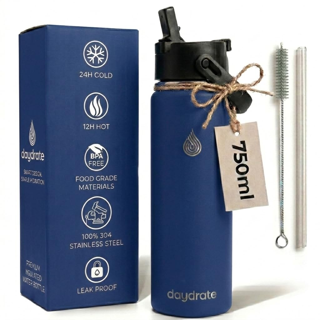 Insulated Metal Water Bottle with Straw 750ml- Stainless Steel Water Bottle, BPA Free, Dual Lid Straw & Spout, Leakproof, 24 Hours Cold & Hot, Work, Travel, Gym Bottle for Men & Women - Blue- Daydrate