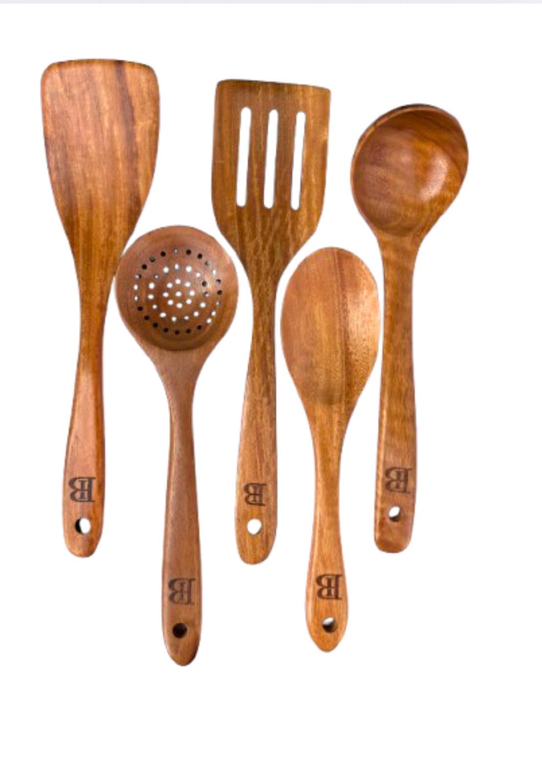 Blessed Island UK Acacia Wood Kitchen Utensils Set | 5 Pcs Wooden Cooking Spoon Set | Eco-Friendly Wooden Cooking Utensils, Cooking Gift Set,