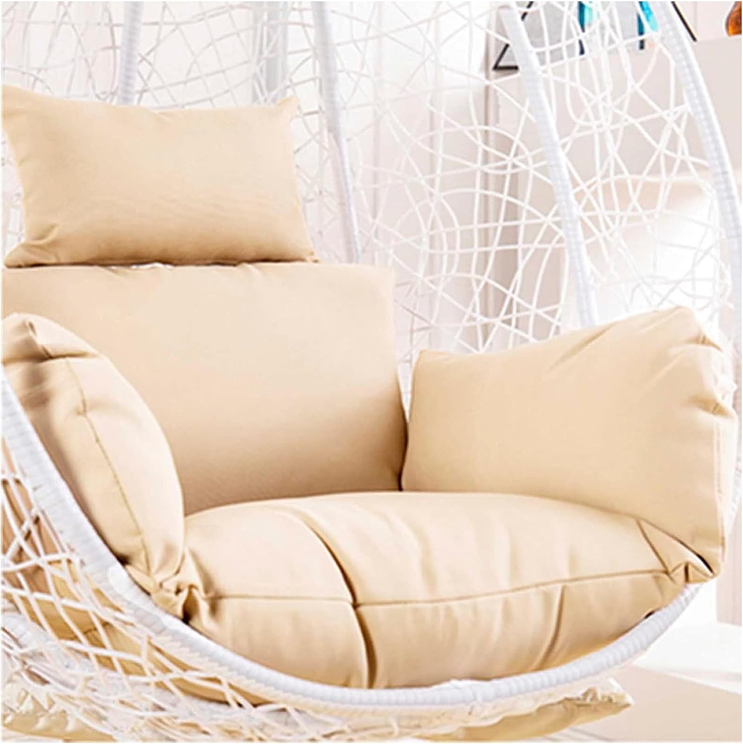 Egg Chair Cushion Replacement, Soft Washable Basket Swing Chair Seat Cushion with Headrest, Outdoor Porch Backyard Patio Hammock Swing Replacement Cushion Pad(Only Cushion),Beige