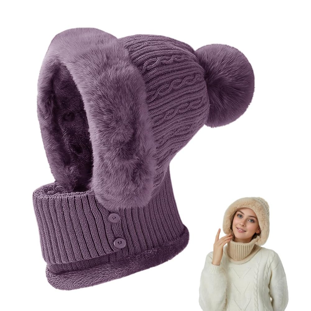 Generisch Gorro 3 en 1 con bufanda y máscara, gorro de punto para mujer, con forro polar, juego de máscaras de invierno