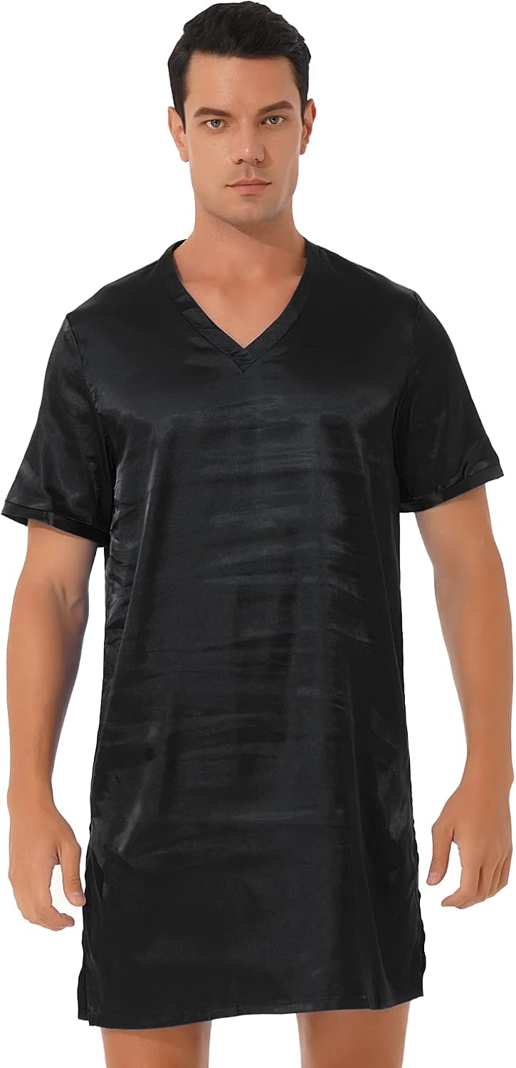 Vxuxlje Men's V Neck Silk Satin Nightshirt Short Sleeve Pajamas Nightgown Sleeping Night Shirts