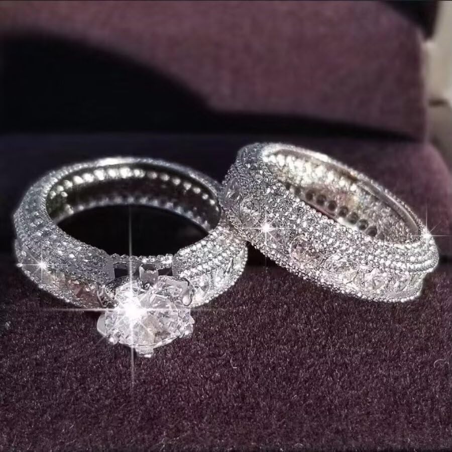 2 PCS 925 Sterling Silver Wedding Band Set 925 Sterling Silver Cushion Cut Promise Ring for Women Sterling Silver Multi-Stone Wedding Engagement Rings Moissanite Bridal Set Size 7
