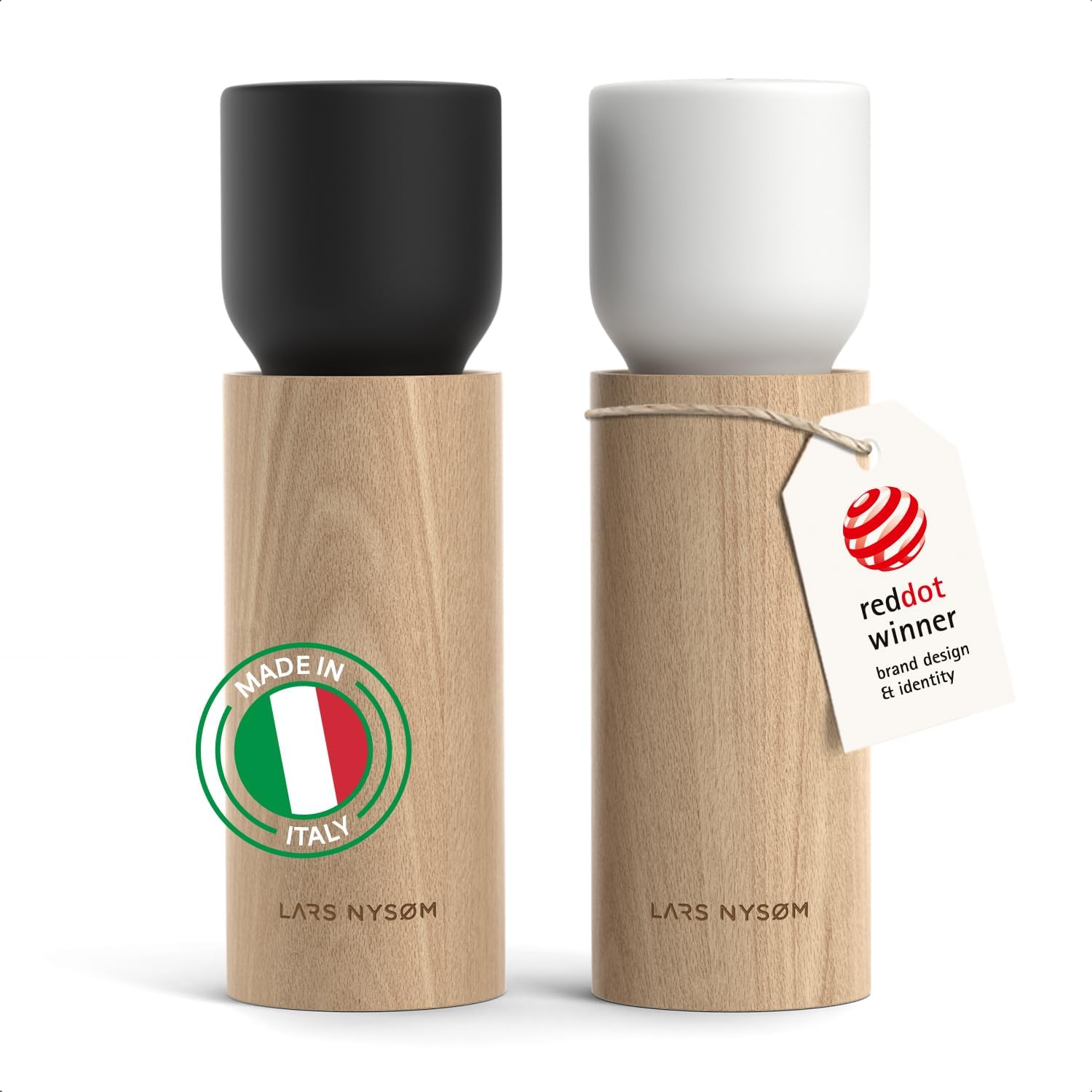 LARS NYSM Wooden Salt and Pepper Grinder Set Manual - Salt and Pepper Mills with Adjustable Ceramic Grinder - Elegant Beechwood Pepper and Salt Mill Set for Dining Table (Black/White)