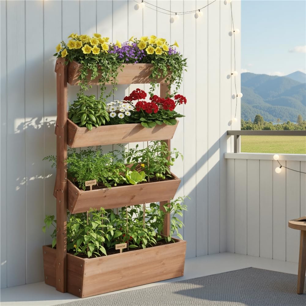 Yaheetech Jardinière Surélevée 4 Niveaux Bac de Potager en Bois de Sapin avec Trous de Drainage pour Balcon Terrasse Jardin Support pour Plantes Herbes Fleurs Légumes Brun Foncé
