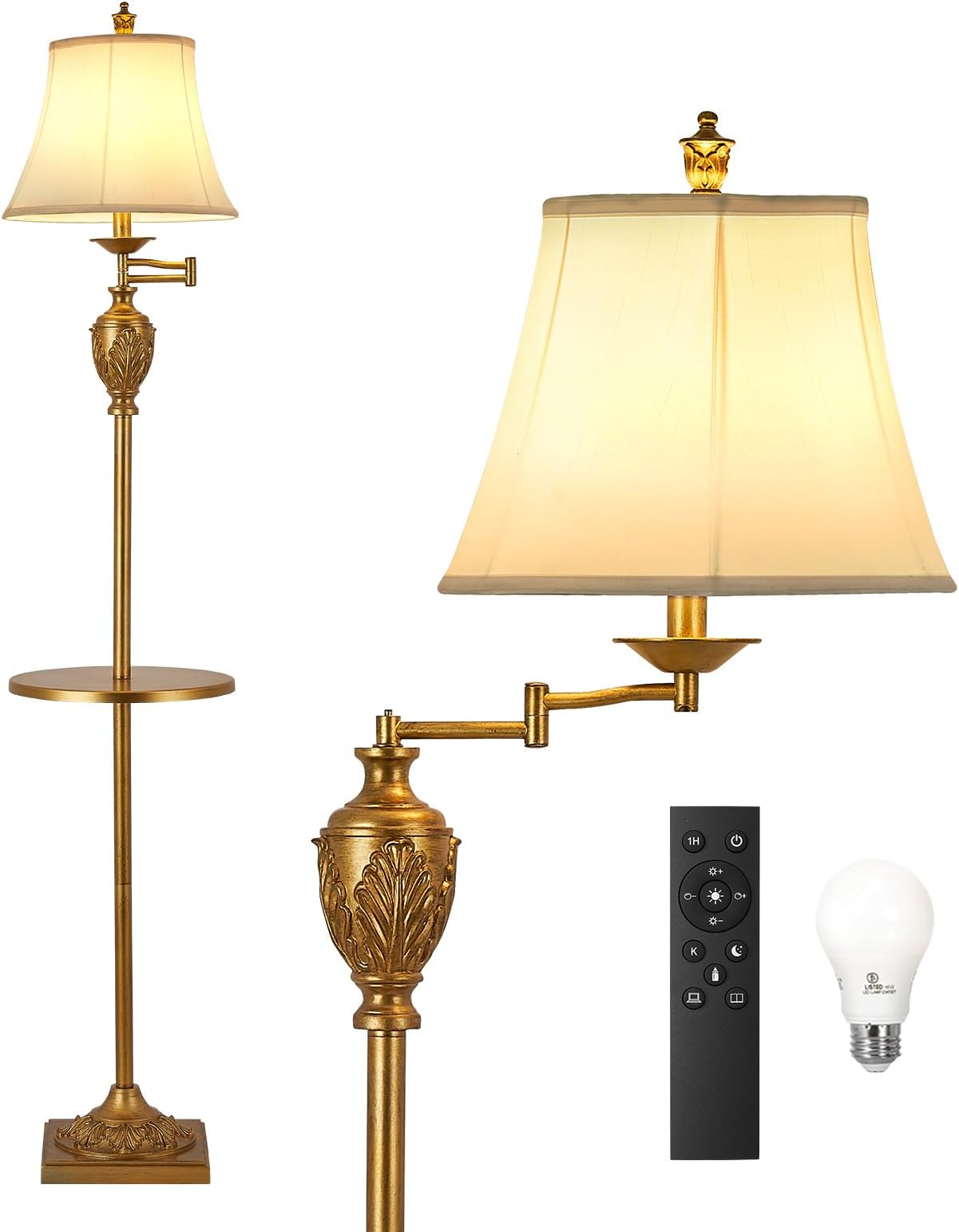 Traditional LED Floor Lamp with 350° Adjustable Swing Arm Lamp – Vintage Standing Pole lamp for Living Room, Bedroom and Office – Rustic Upright Floor Light for Home Décor with Silk Fabric Shade