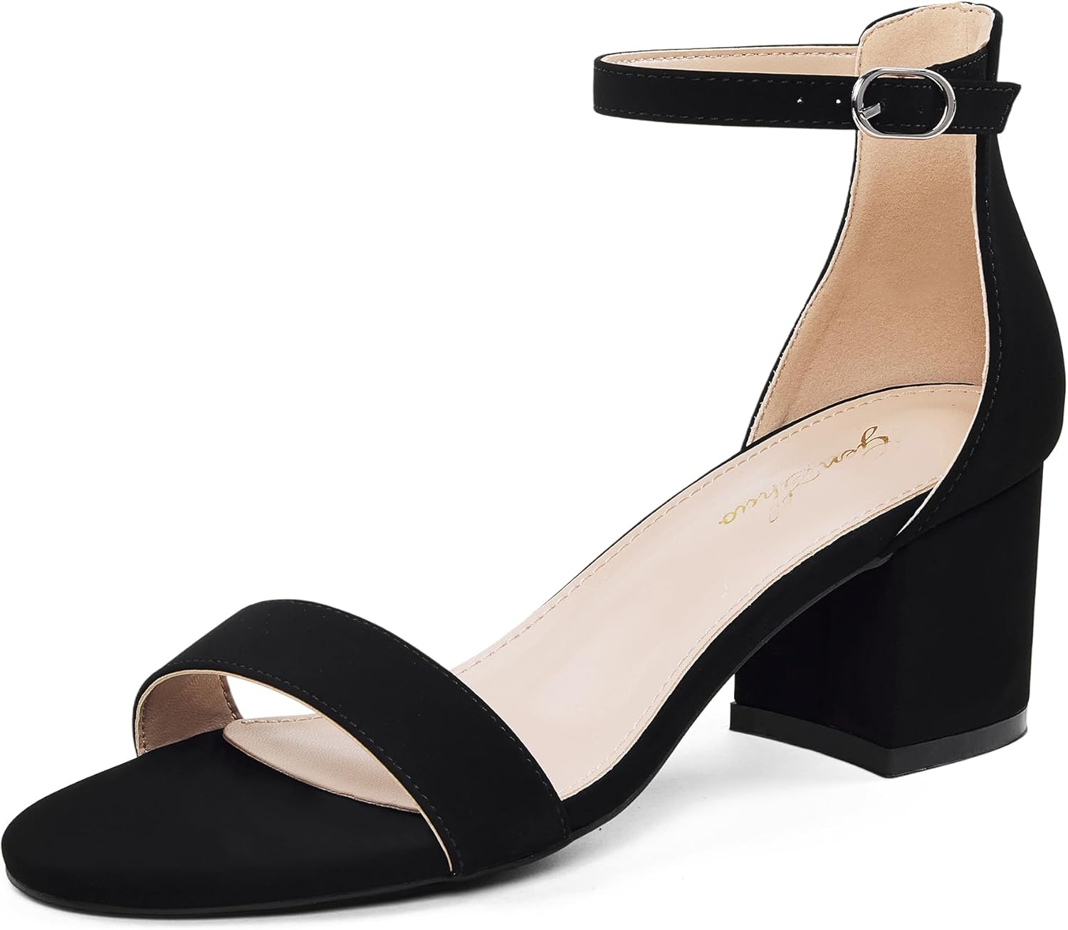 GENSHUO Women's Low Kitten Heel Sandals Strappy Open Square Toe Dress Heels Comfortable Sexy Cute Ankle Strap Wedding Party Prom Summer Heeled Shoes