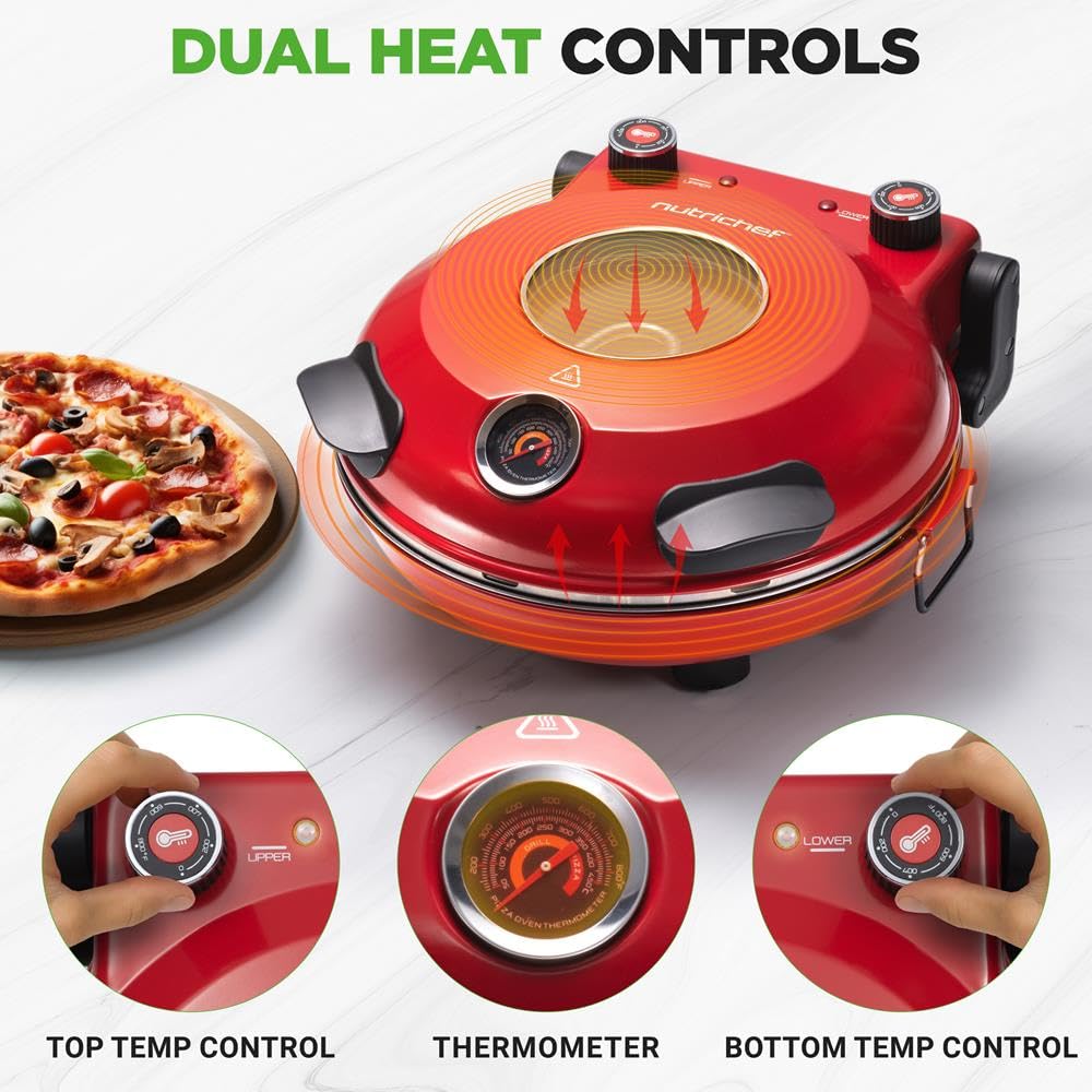 NutriChef Elektryczny piekarnik do pizzy, 1200 W, z kontrolą temperatury i termometrem, okno do precyzyjnego gotowania, podgrzewa do 800 °F, łatwa do czyszczenia, powłoka nieprzywierająca, kolor