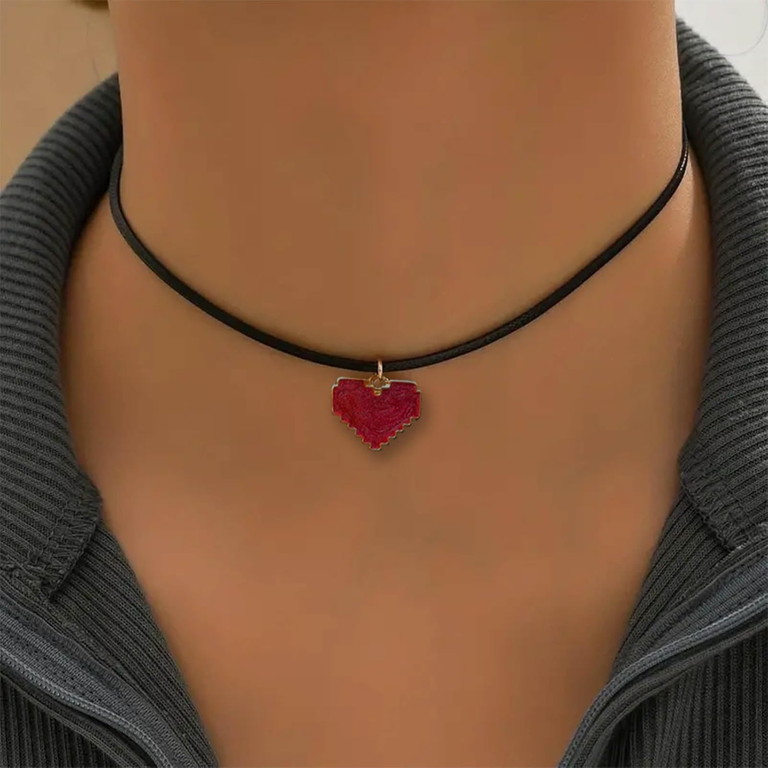 Boho Leather Choker Necklace Black Leather Cord Necklace Choker Gothic Leather Suede Necklace Enamel Love Heart Pendant Necklace Short Black Collar Necklace Red Heart Necklace Chain(Style A) - Image 2