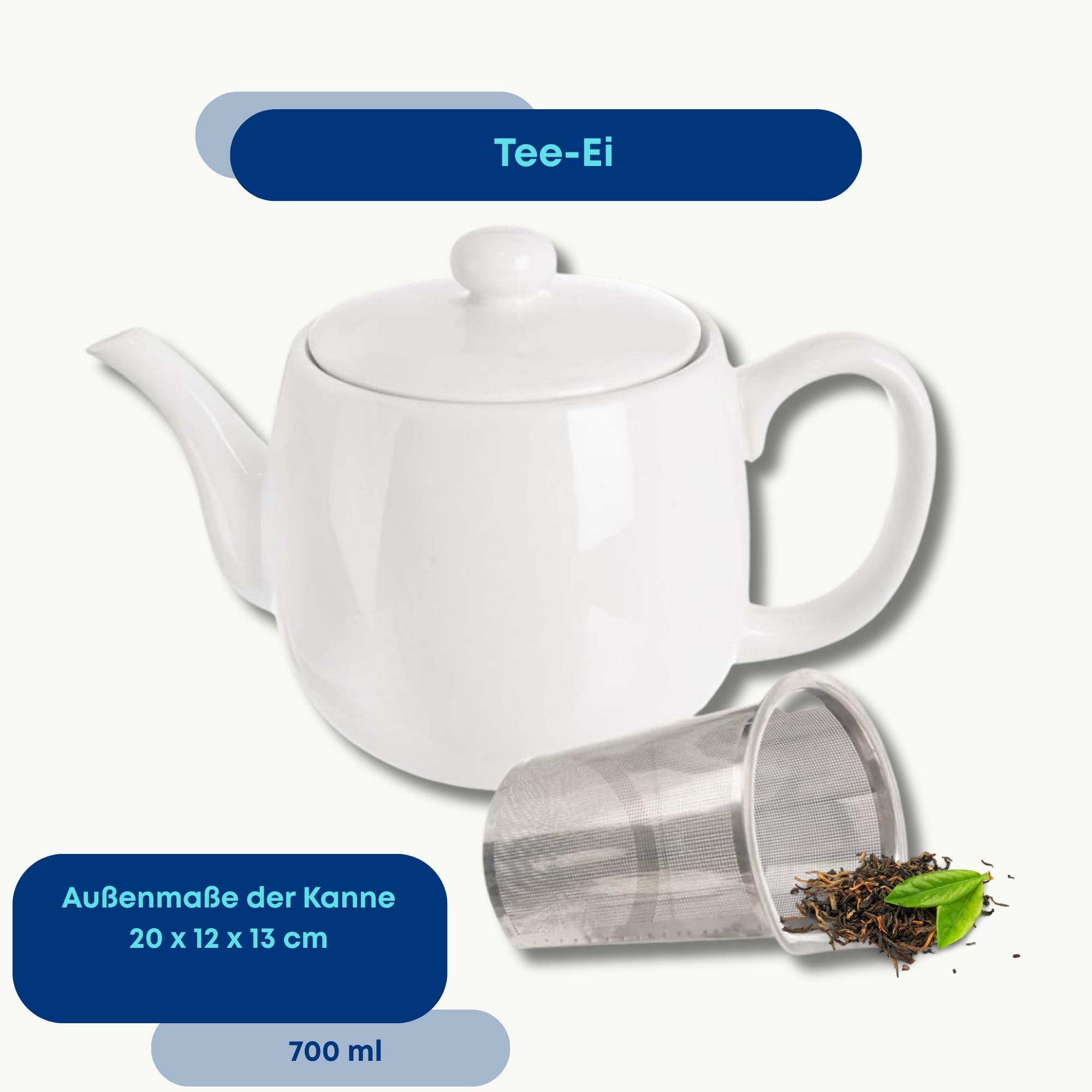 Porzellankanne Teekanne Teebereiter mit Deckel und Sieb aus Porzellan weiß MONA 700 ml