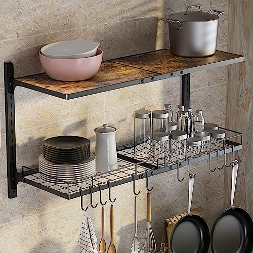 MAWEW Pot Rack Wall Mounted,Pot Hanger,Pot Hangers for Kitchen Wall Mount,With 12 Hooks Wall Pot Rack,Vintage Farmhouse Style Wall Mount Pot Rack,for Pot Storage and Organization.(Adjustable Style)