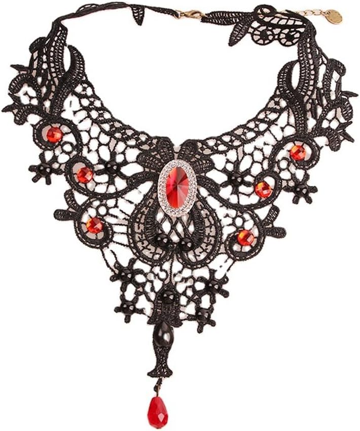 Vintage Black Lace Choker Necklace Gothic Red Crystal Pendant Necklaces Statement Adjustable for Halloween Prom Accessories Jewelry