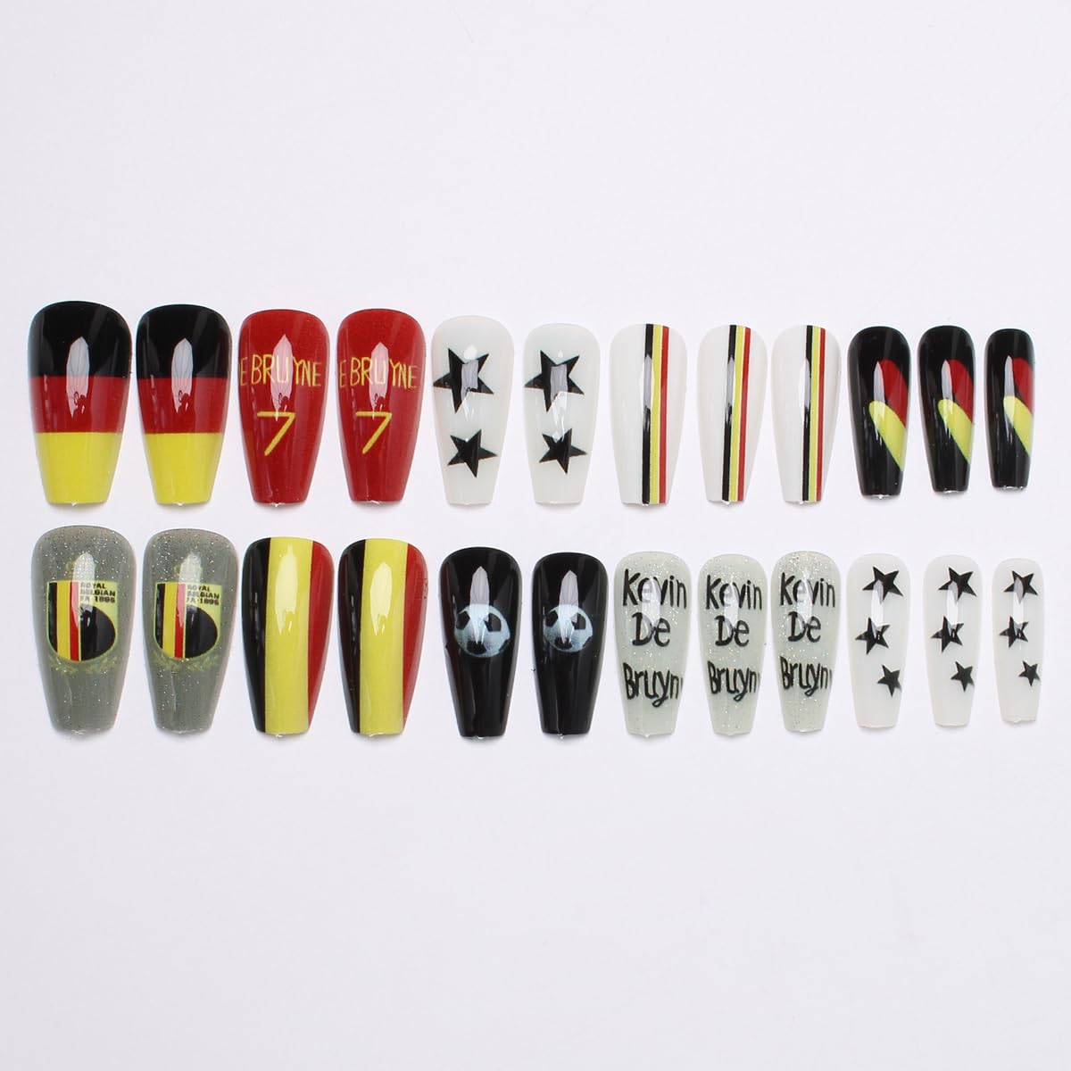 24Pcs World Cup Press on Nails Kevin De Bruyne Belgium Germany Soccer Fake Nails Medium Almond Glue on Nails Red Black Yellow False Nails with Ball Star Design Sporty Stick on Nails for Women image 3