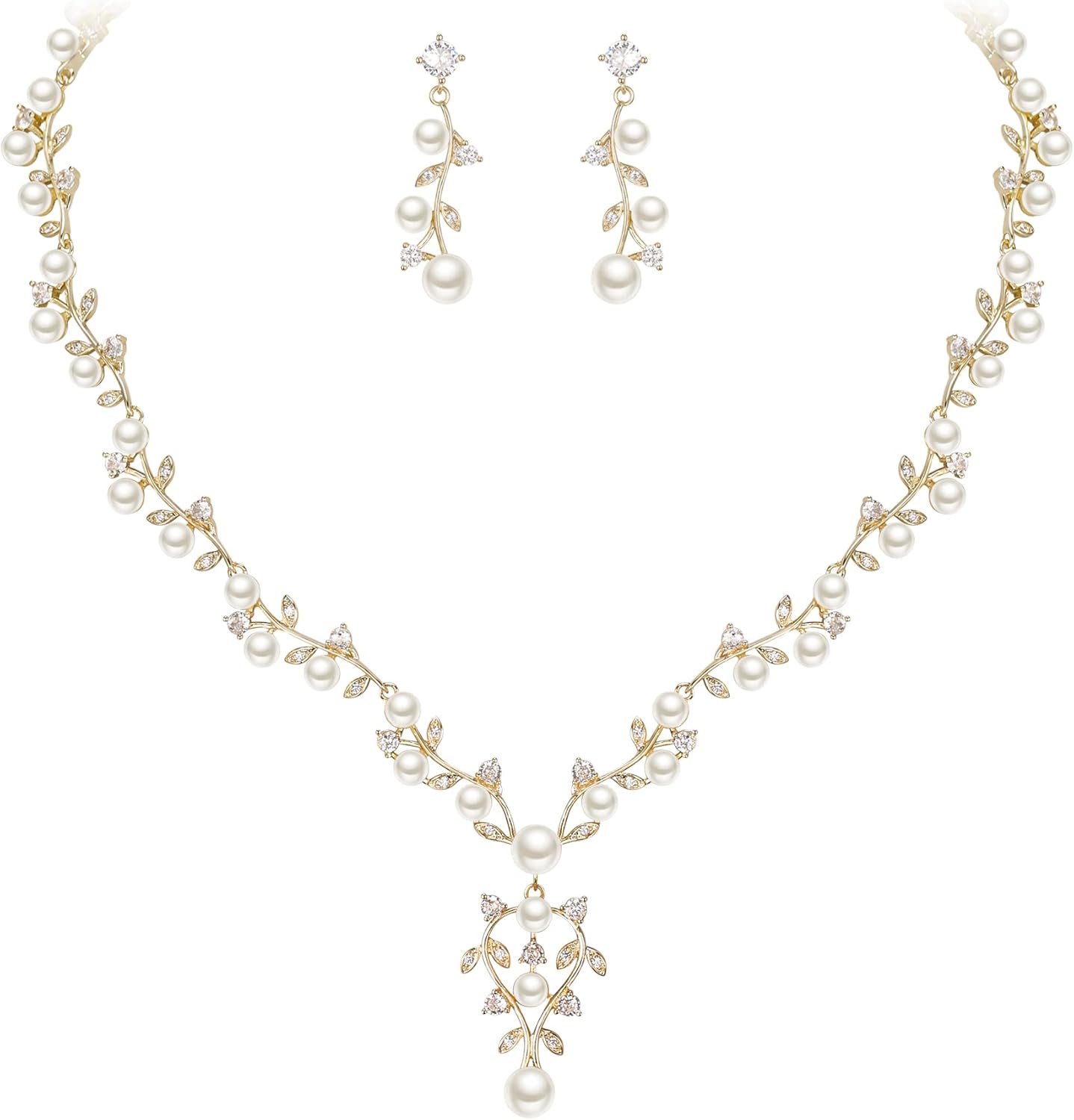 EVER FAITH Bridal Cubic Zirconia Jewelry Sets for Women, White Simulated Pearl Leaf Vine Pendant Wedding Party Necklace Earrings Set for Bridesmaid Bride